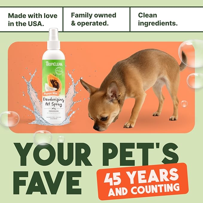 TropiClean Dog Perfume, Long Lasting Papaya Cologne, Deodorizing Spray for Smelly Dogs, After Bath Detangling Spray with Vitamin E, Safe for Cats, 8oz.