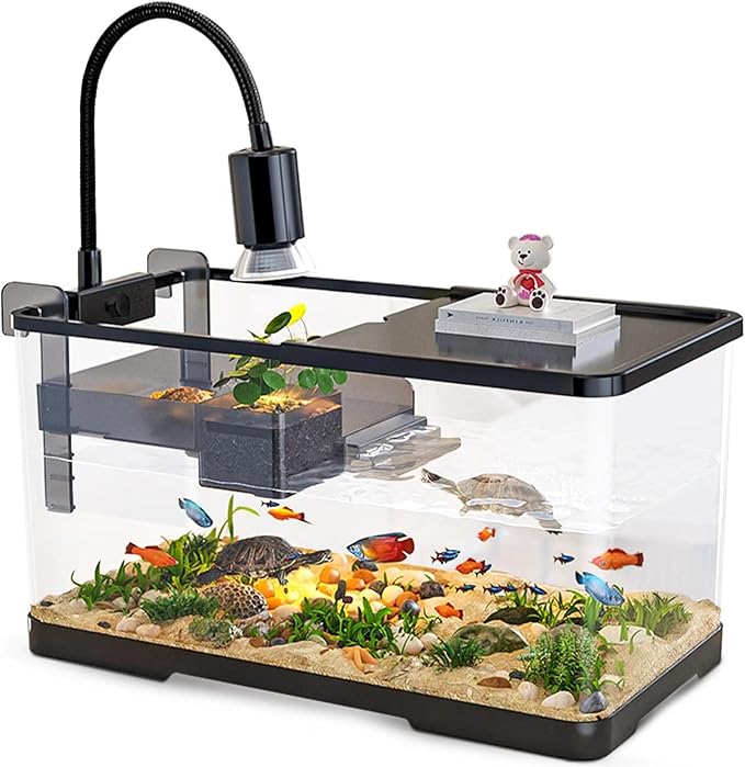 (Tank + Light + Filter + Filter Balls) Turtle Tank Kit, Turtle Tank Starter Kit,Bottom Drainage, Multi-Function Areas for Turtles, Crabs,Fishes, Amphibians,Reptiles. (21.65 × 12.28 × 12.28 Inch)