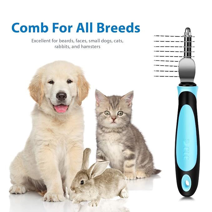 Flexzion Dogs Dematting Comb, Stainless Steel Blades Rakes, for Pets Cats Animals Matted Knotted Hair, Brush Cutting Removing Grooming Tool with Smooth Teeth Needle - Black & Blue Handle