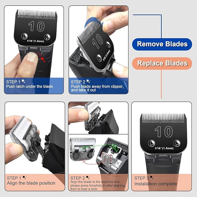 10 Blades Dog Grooming Blades Compatible with Andis/Oster A5/Wahl KM-10 Series Dog Clippers,Detachable Clipper Replacement Blade (6PCS Black-#10+30+40+4FC+5FC+7FC)