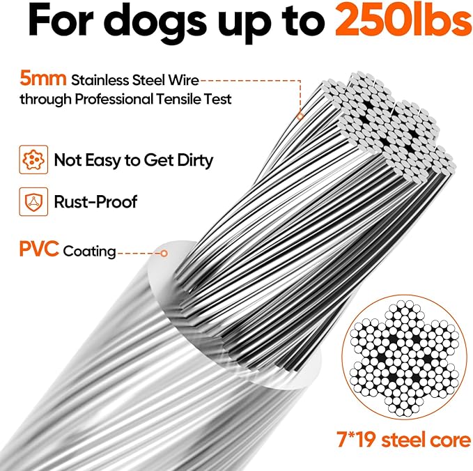 Tresbro 100FT Reflective Tie Out Cable for Dogs Up to 250 Pounds, Steel Wire Lead Leash Cable with Stainless Dual Fix Buckle, Lightweight and Enduring, Outdoor Dog Chains for Outside,Yard,Camping
