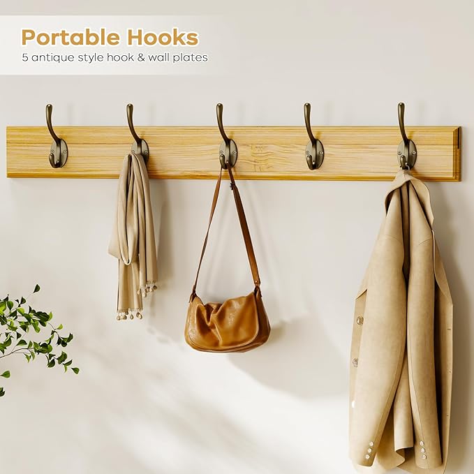 Coat Rack Shoe Bench Set, Bamboo Shoe Storage Bench with Seat Cushion & 5 Hooks, Hall Tree Entryway Bench with Lift Top Hidden Storage, 35.4" W x 12.6" D x 19.7" H, for Entryway, Living Room, Bedroom