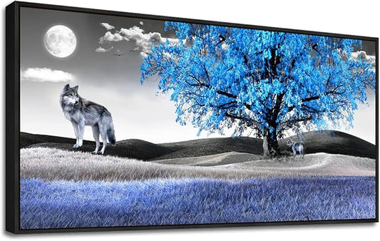 Framed Canvas Wall Art For Living Room Family Wall Decorations For Bedroom Modern Office Wall Decor Paintings Blue Tree Landscape Pictures Artwork Canvas Art Prints Home Decor Black Frame 20" X 40"