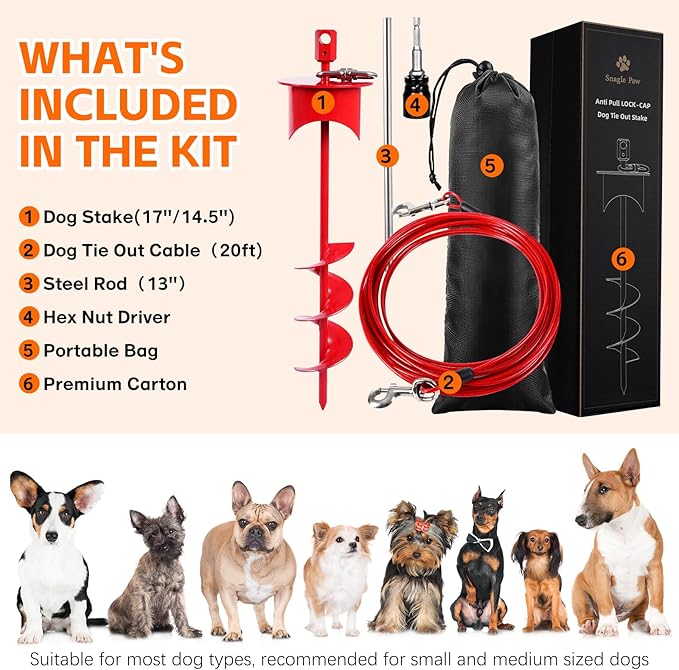 Snagle Paw Dog Tie Out Cable & Stake with Lock Cap - 20ft Heavy Duty Rust Proof Cable, 360° Swivel Dog Yard Leash & Stake Up to 220 lbs - Ground Anchor for Yard, Beach, Camping & Outdoor Use