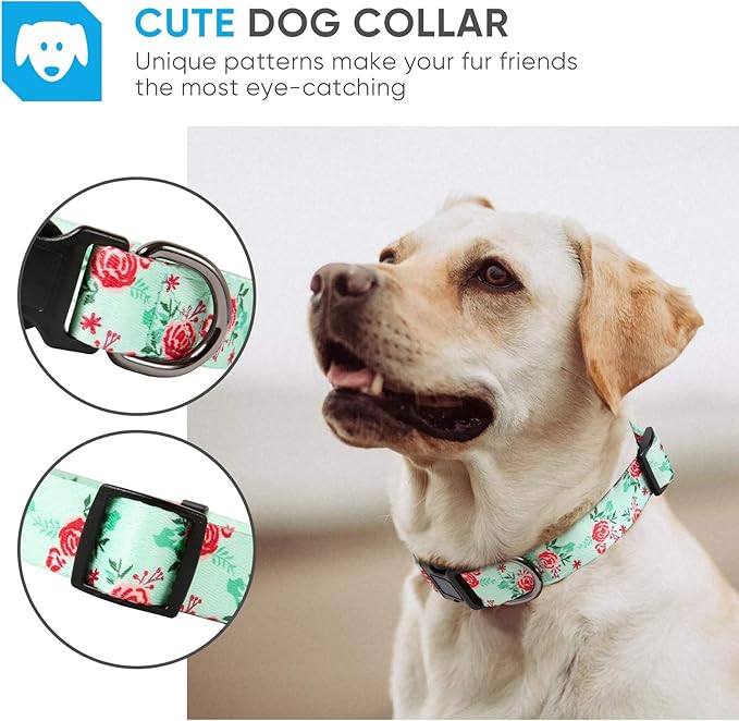 HEELE Dog Collar, Adjustable Soft Dog Collar for Small Medium Large Dogs,Floral Patterned Puppy Collars with Quick Release Buckle M Length 13.39''-20.87''