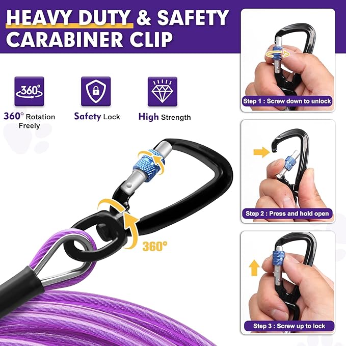Snagle Paw Dog Leads for Yard 50FT-1000LBS Break Strength,Heavy Duty Tie Out Cable for Dogs with Swivel Lockable Hook & Spring,Chew Proof Dog Chain for Outside,Dog Run Cable for Medium Large Dogs
