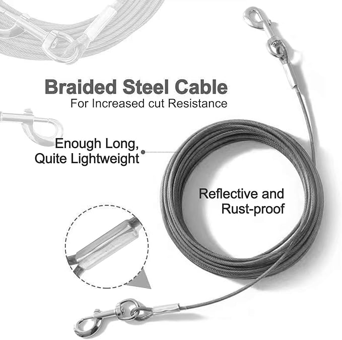 Tie Out Cable for Dogs,20FT Dog Leads,Heavy Duty Tie Out Cable for Large Dogs Up to 125lbs,Durable Dog Runner Tether Line for Outdoor,Yard