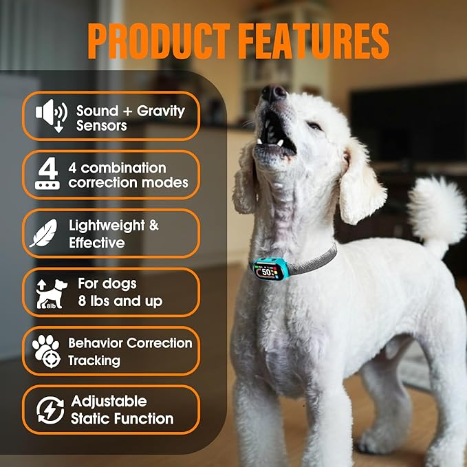 Smart Dog Bark Collar, for Small Medium Large Dogs 10-100lbs, Automatic Dog Training Collar to Decrease Barking, Anti Barking Device with 4 Training Modes, More 8 Sensitivity Levels, Cyan