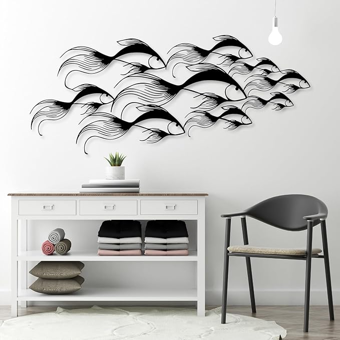 School of Fish Metal Wall Art, Metal Fish Wall Decor, Sea Life Wall Art, Large Nautical Wall Hanging, Modern Beach House Wall Decor, Ocean Themed Artwork for Bathroom (White, 59"x25" | 150x64cm)