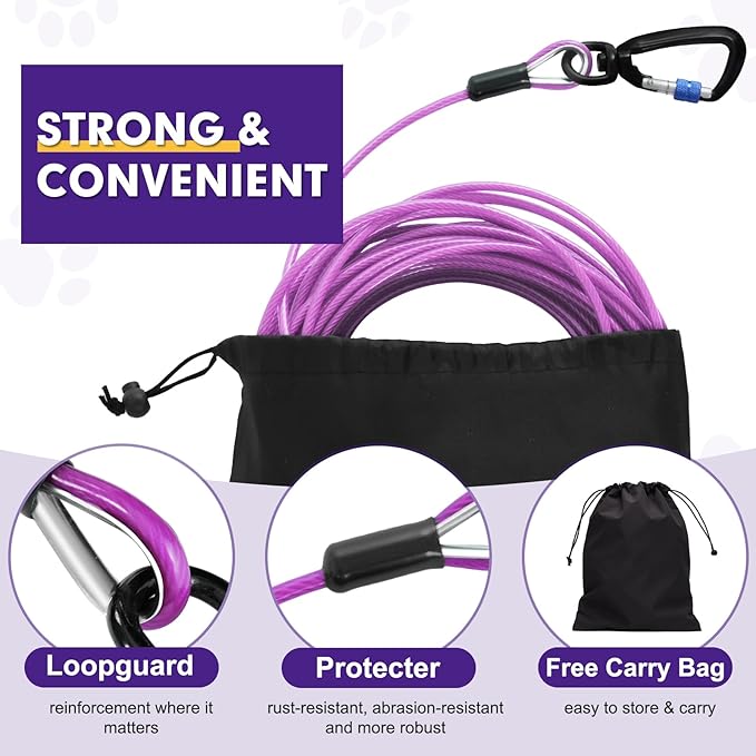 Snagle Paw Dog Leads for Yard 50FT-1000LBS Break Strength,Heavy Duty Tie Out Cable for Dogs with Swivel Lockable Hook & Spring,Chew Proof Dog Chain for Outside,Dog Run Cable for Medium Large Dogs