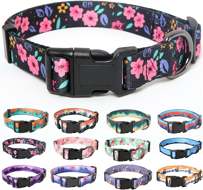 HEELE Dog Collar, Adjustable Soft Dog Collar for Small Medium Large Dogs,Floral Patterned Puppy Collars with Quick Release Buckle M Length 13.39''-20.87''