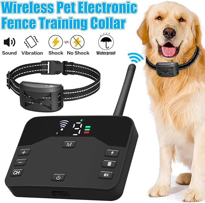 Wireless Dog Fence,Outdoor Electric Pet Containment System with Remote, Waterproof Training Collar with Adjustable Vibration & Shock, Safe Effective, Boundary Container for 1/2/ 3 Dogs,for1dog