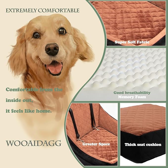 Dog Car Seat for Medium Dogs, Pet Travel Bed with Seat Belt Channel, Fully Detachable and Washable, 3 Straps Easy to Install (Red)