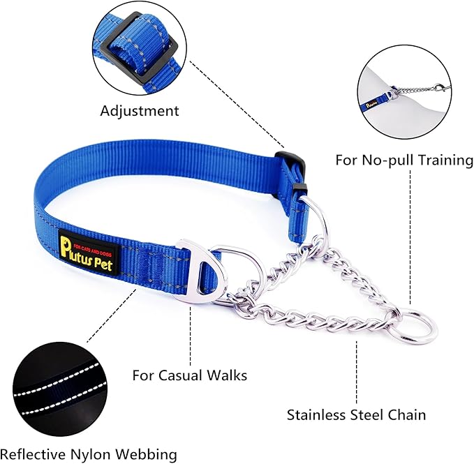 Plutus Pet Martingale Dog Collar with Stainless Steel Chain and Reflective Nylon, Adjustable No Pull Training Collar, for Small Medium, and Large Dogs, Royal Blue, L