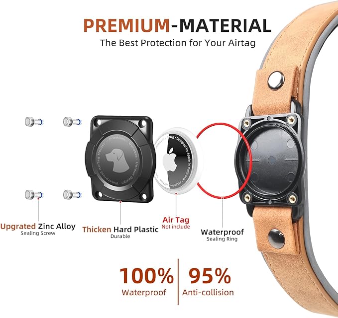 AirTag Dog Collar - Leather Dog Collar with Air Tag Holder | IPX8 Waterproof, Reflective, High - End, Adjustable Soft Padded | Dog GPS Tracker Collars Fit for Medium Large Dogs (Light Brown, XL)