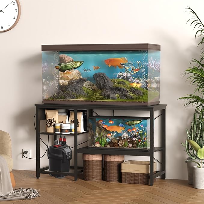 50-75 Gallon Fish Tank Stand with Power Outlet & LED Light, Metal Aquarium Stand with 3 Tier Adjustable Storage Shelves, Tank Stand for Reptile Tank, Turtle Tank, 52" L*19.5" W, Black