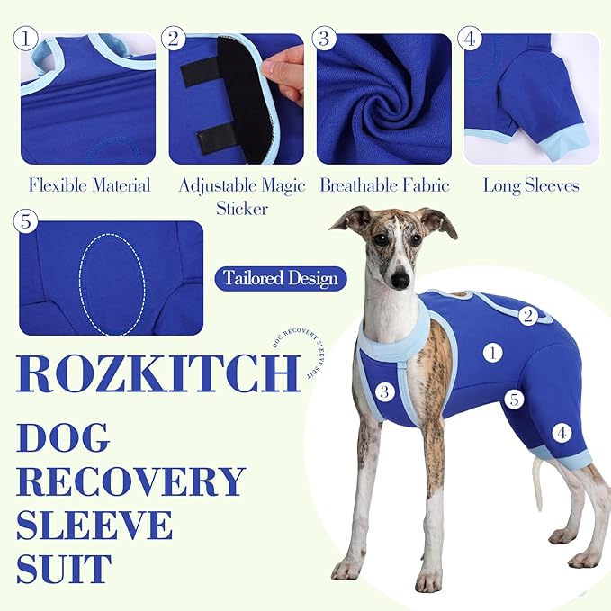 ROZKITCH Dog Surgery Leg Sleeve Rear Legs, Male Female Pet Prevent Licking Wound Elbow Knee Protector, Dog Recovery Suit Cone Collar Alternative Pants Shirt for Wound Heal Wrap Blue 3XL