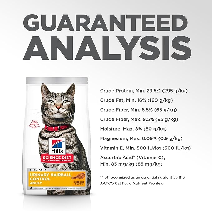 Hill's Science Diet Urinary Hairball Control, Adult 1-6, Urinary Track Health & Hairball Control Support, Dry Cat Food, Chicken Recipe, 7 lb Bag