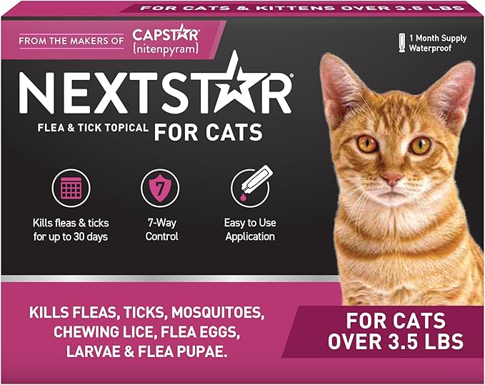 Flea and Tick Prevention for Cats, Repellent, and Control, Fast Acting Waterproof Topical Drops for Cats Over 3.5 lbs, 1 Month Dose