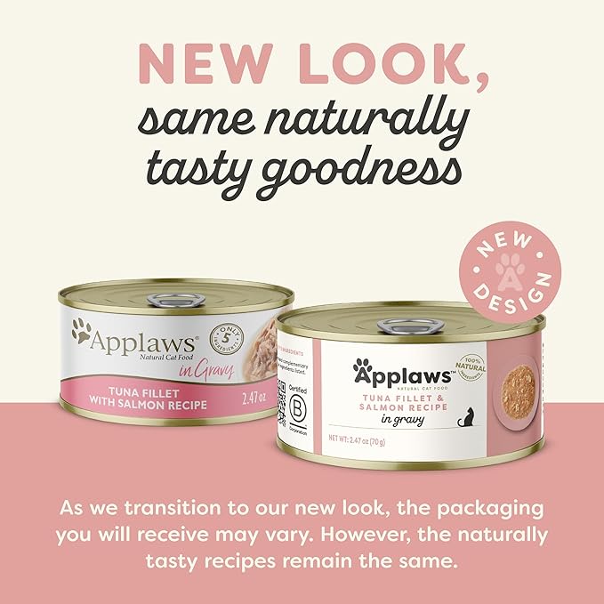 Applaws Natural Wet Cat Food in Gravy, Limited Ingredient Canned Wet Cat Food, No Additives, Made with Natural Ingredients, Tuna Fillet with Salmon in Gravy (24 x 2.47oz Cans)