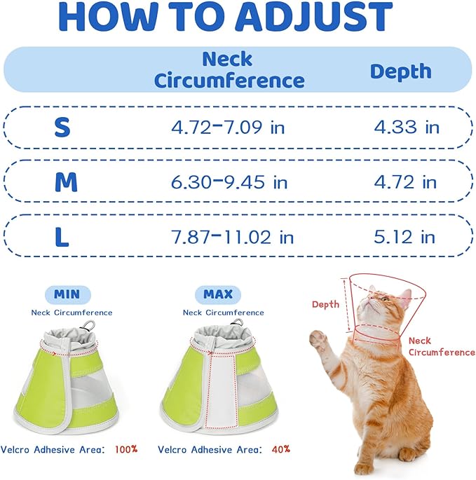 Breathable Air Mesh Cat Cone Collar Soft to Stop Licking, Adjustable, Foldable Lightweight Kitten Cones After Surgery Recovery for Cats & Kittens (Yellow Green,L)
