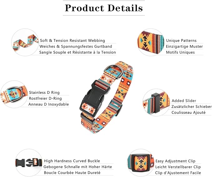 HEELE Dog Collar, Adjustable Soft Dog Collar for Small Medium Large Dogs,Bohemia Patterned Puppy Collars with Quick Release Buckle XS Length 8.5''-11''