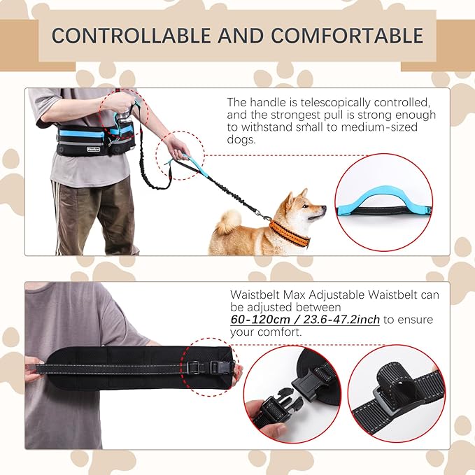 Hands-Free Waist Leash with Pouch for Two Dogs,Reflective Stitching, Dual Handle & Bungee Retractable Design – Ideal for Medium to Large Dogs (Blue) – Dog Walking Accessories