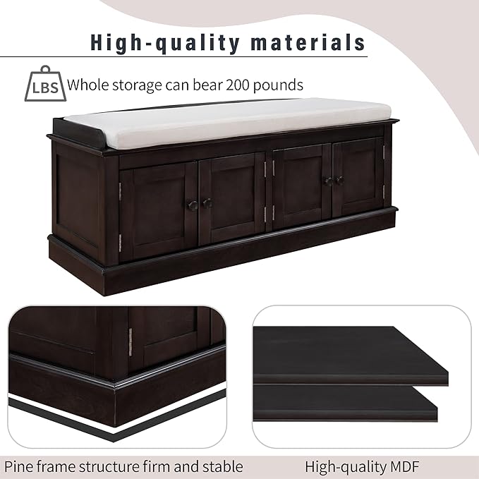Shoe Storage Bench with 4 Doors and Adjustable Shelves, Shoe Bench with Removable Cushion for Living Room Entryway 42.7" L * 16" W * 17.4" H Espresso