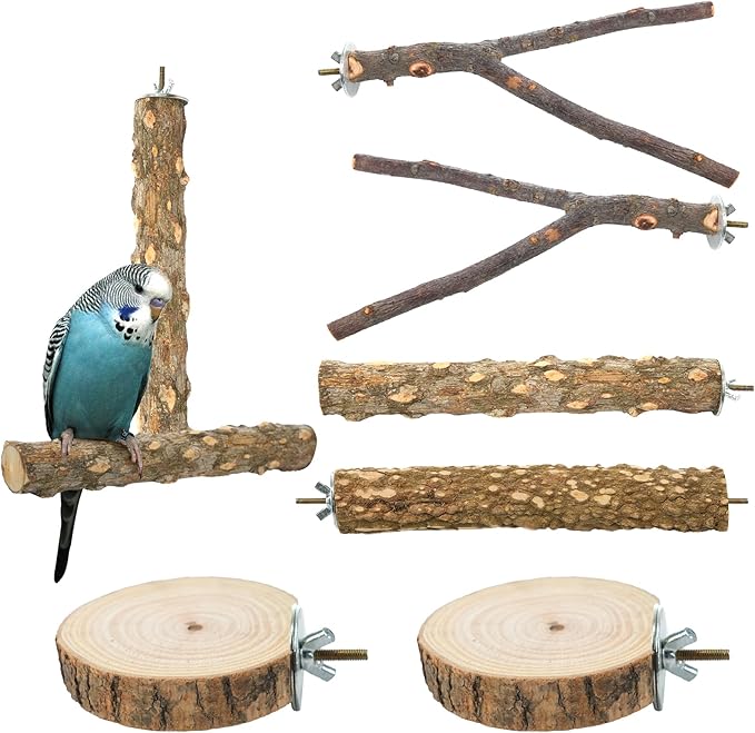 Bird Perch Stand, Pole Standing Natural Wood Bird Perch Set 7PCS Paw Grinding Fork Parrot Cage Branch with Rope Cage Accessories Toys for Parakeets, Cockatiels, Conure, Budgies