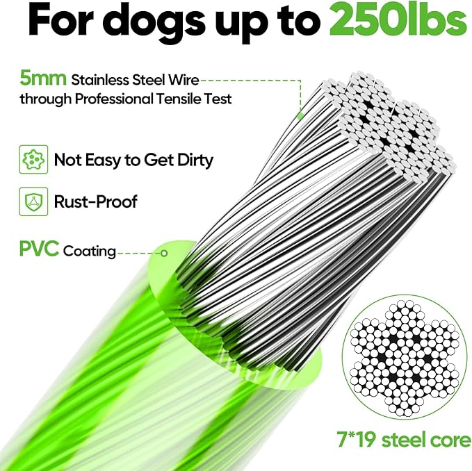 Tresbro 15FT Reflective Tie Out Cable for Dogs Up to 250 Pounds, Steel Wire Dog Leash Cable with Stainless Rotatable Buckle, Lightweight and Enduring, Dog Chains Outside for Outdoor Yard, Green
