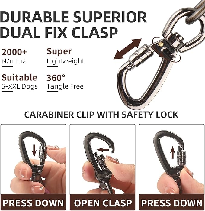 Dog tie Out Cable, 10/20/25/30/50/70/100 feet, Suitable for Dogs up to 350 pounds, Dog Cable with Swivel Buckle, Lightweight, Non-Winding, for Outdoor Camping, Yard Dog Cable (Black, 10FT)