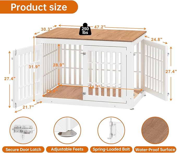 48" Heavy Duty Dog Crate Furniture for Small,Medium and Large Dogs,Rustic Wooden Dog Cage Kennel Indoor Furniture with Waterproof Top,Decorative Pet House Side End Table (White & Wood)