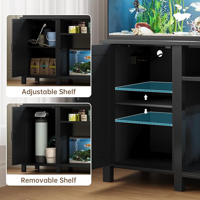 55-75 Gallon Fish Tank Stand with Power Outlet & Adjustable Shelf, Heavy Duty Aquarium Stand with Cabinet Storage for Fish Tank, Turtle Tank, Reptile Terrarium, 1000LBS Capacity, Black