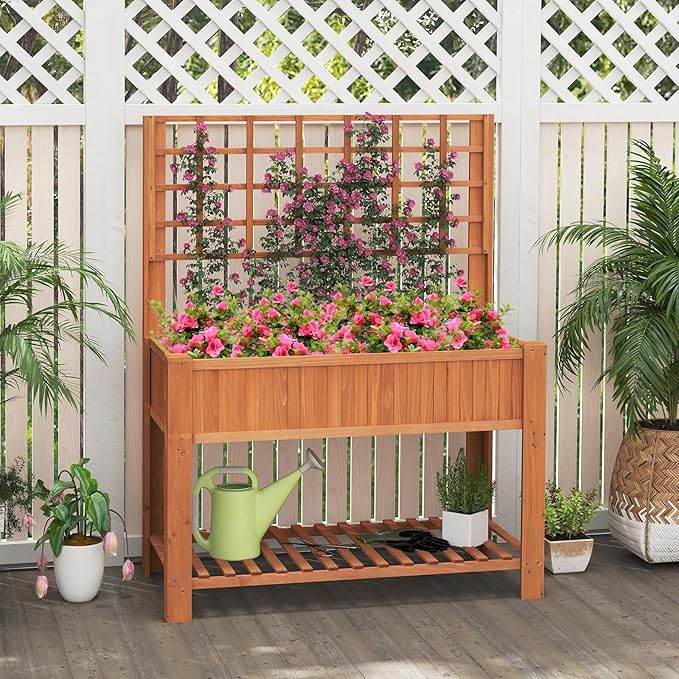 Giantex Raised Garden Bed with Trellis, Wooden Elevated Planter Box with Legs, Drainage Holes for Climbing Plants Vines Vegetables Flowers Herbs, Outdoor Horticulture Planter for Patio Yard (Brown)
