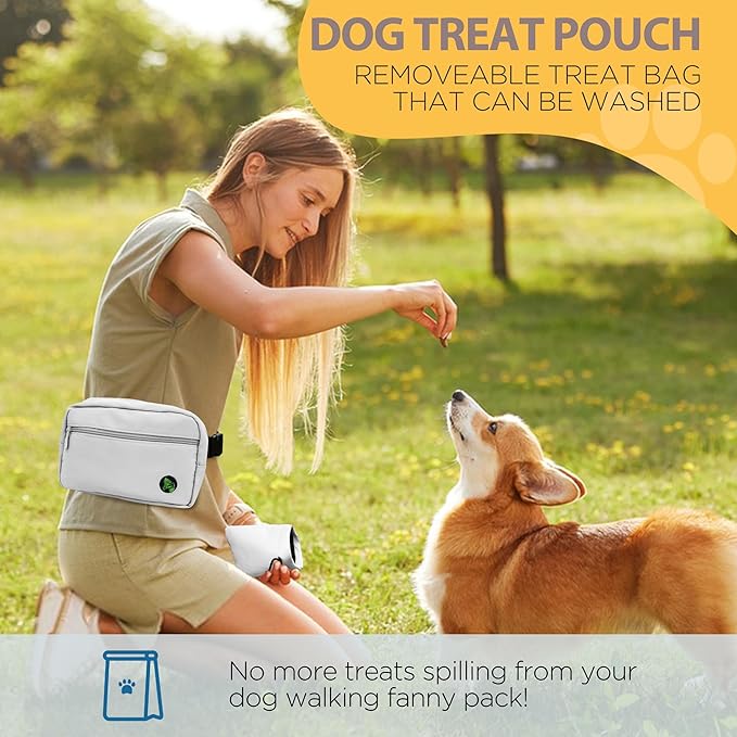 Puppy Dog Treat Pouches for Pet Training Treat Bag, Dog Walking Fanny Pack with Carabiner, Built-in Poop Bag Dispenser & Reuse Dog Poop Holder, Puppy Pet Treat Waist Belt (Grey)