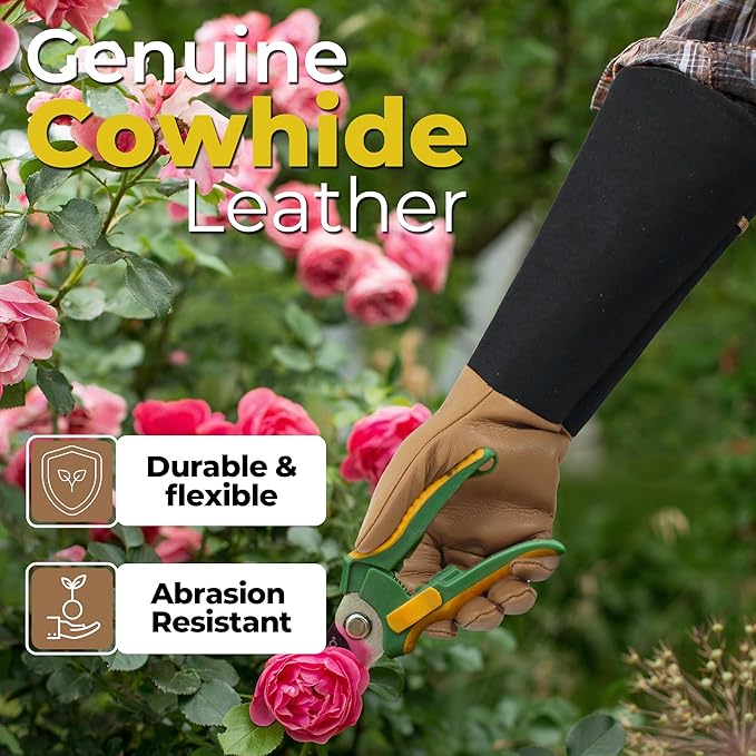 HANDLANDY Long Gardening Gloves for Men & Women, Cowhide Leather Rose Pruning Gloves, Breathable Thorn Proof Gauntlet Glove (Brown-Cowhide, S)