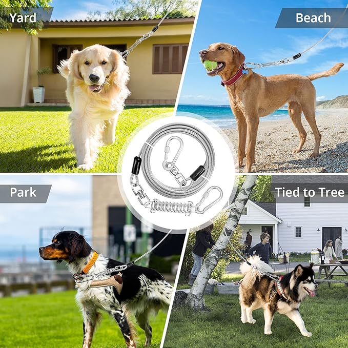 Jenico Dog Tie Out Cable, 10-150FT Runner Cable with Swivel Hook and Shock Spring, Yard & Camping Dog Leash Tether for Small to Medium Pets Up to 500 LBS