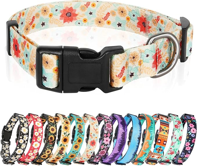 HEELE Dog Collar, Adjustable Soft Dog Collar for Small Medium Large Dogs,Floral Patterned Puppy Collars with Quick Release Buckle Galsang White M Length 13.39''-20.87''
