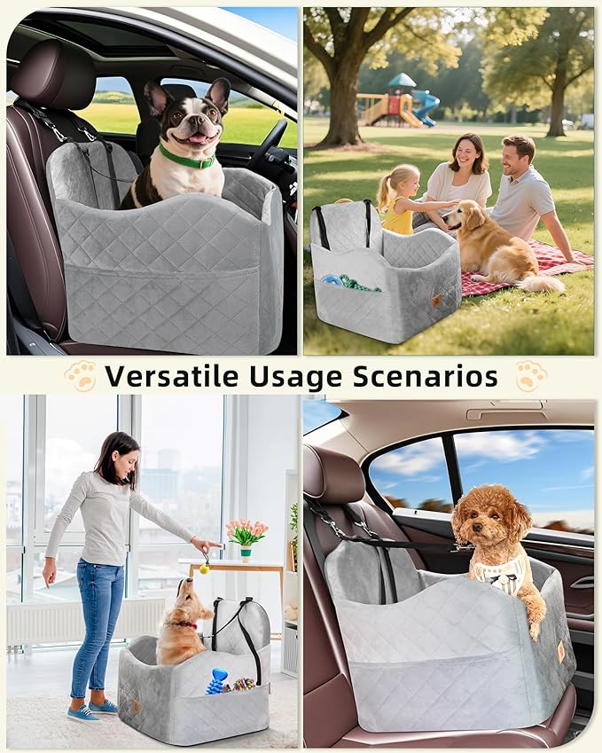 Car Seat Booster for Dog: High-Support Memory Foam Pet Car Seat for Small/Medium Dogs Under 35lbs with Elevated Cushion - Detachable Washable Puppy Travel Bed for Driving with Pockets (Grey)