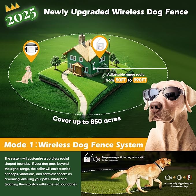 Wireless Dog Fence System, Electric Fence for Dog with Big LCD Screen, Portable Outdoor Pet Wireless Fence with 2.4G Antenna, Waterproof Training Collar, Adjustable for Large Medium Small Dogs
