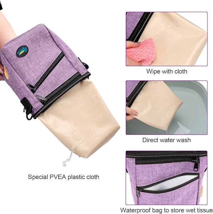 Ownpets Dog Training Pouch with Silicone Liner, Pet Treat Training Pouch with Collapsible Bowl, Shoulder Strap & Waist Strap, 4 Ways to Wear, Walking Fanny Pack for Dog Training - Purple