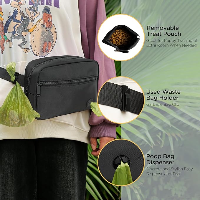 Puppy Dog Treat Pouches for Pet Training Treat Bag, Dog Walking Fanny Pack with Carabiner, Built-in Poop Bag Dispenser & Reuse Dog Poop Holder, Puppy Pet Treat Waist Belt (Black)