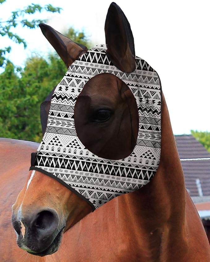 Harrison Howard Super Comfort Stretchy Fitting Horse Fly Mask with UV Protection Soft on Skin with Breathability Doodle Aztec Pony