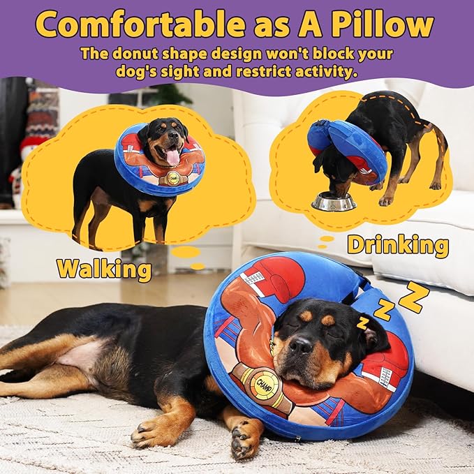 Crazy Felix Soft Donut Cone for Dogs to Stop Licking, Chihuahua Pomeranian Recovery Collar After Surgery Inflatable Cone Alternative for Small Medium Large Dogs, Elizabethan Collar with Boxer Pattern