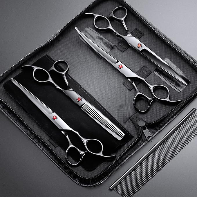 Gimars 7.0in Professional 4CR Stainless Steel Safety Round Tip 6 in 1 Dog Grooming Scissors Heavy Duty Titanium Coated Pet Grooming Scissor for Dogs, Cats and Other Animals