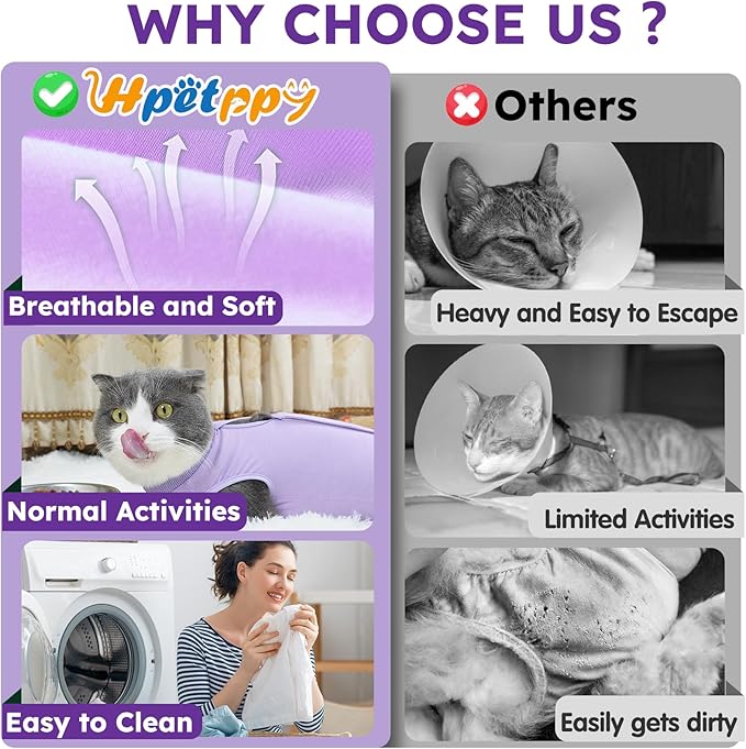 Cat Recovery Suit for Spay Abdominal Wound, Breathable Kitten Onesie for Cats After Surgery, Anti Licking Cat Cone Alternative, Pet Surgery Recovery Shirt-Purple(L)