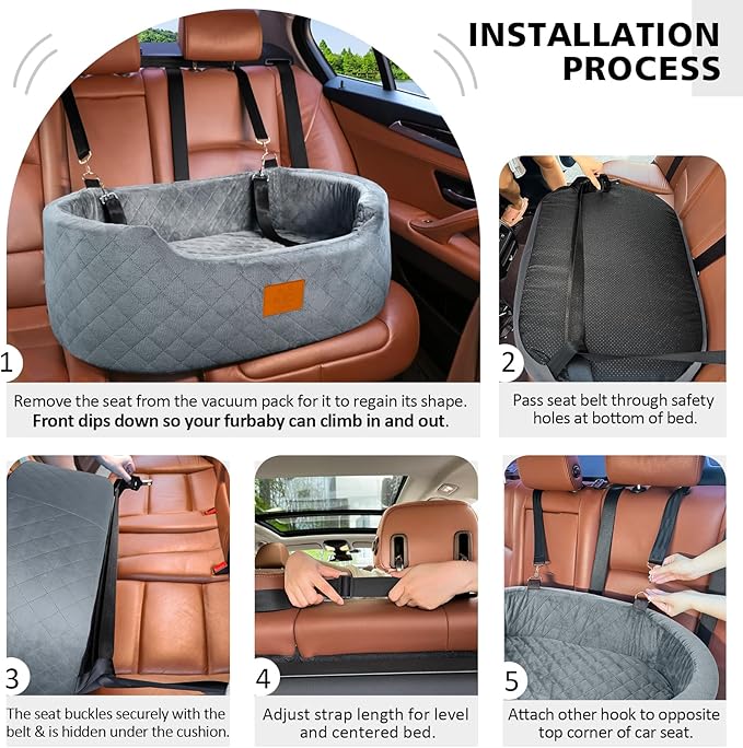 Dog Car Seat for Medium & Large Dogs up to 55 lbs, Elevated Booster Seat with Anti-Slip Base, Detachable & Machine-Washable Pet Car Bed for SUV/Sedan (Gray)