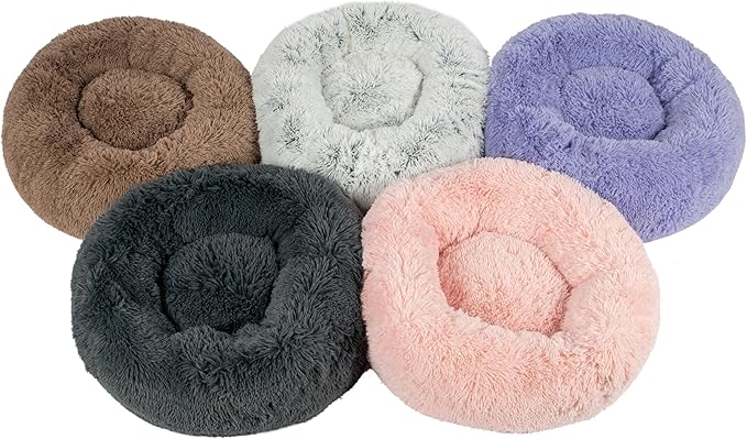 Best Pet Supplies Round Donut Dog Bed with Plush Faux Fur Fabric, Calming, Anti-Anxiety Cushion for Indoor Pets, Slip-Resistant Base, Soft Ergonomic Support - Lavender, 27x27x7.5''