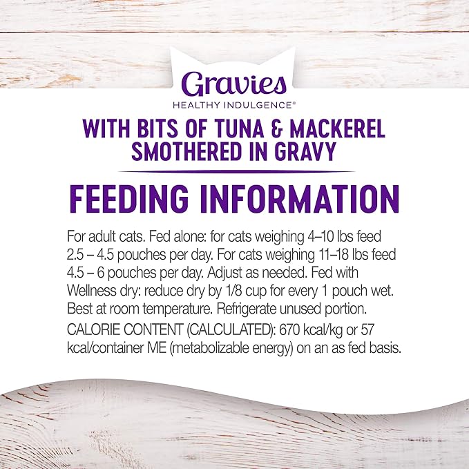 Wellness Healthy Indulgence Gravy Adult Wet Cat Food, Natural, Protein-Rich, Grain Free, 3 Ounce Pouch, 24 Pack, (Tuna & Mackerel)