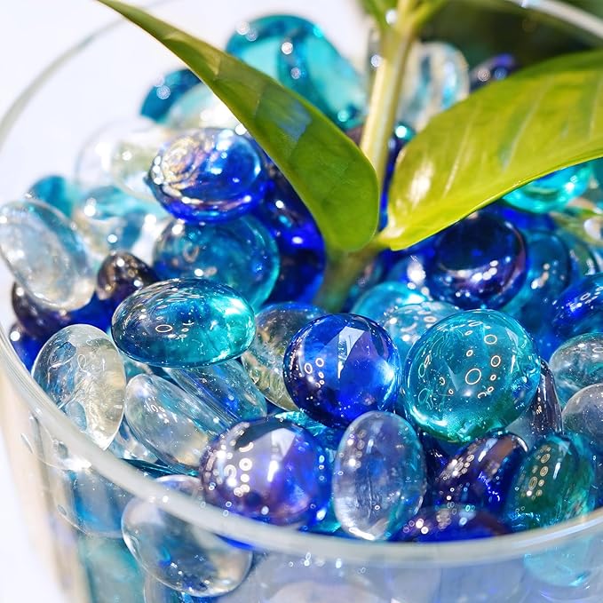 1LB Blue Mix Flat Glass Marbles for Vases, Mancala Stones Gemstone Beads Vase Filler Decorative Glass Pebbles for Fish Tank, DIY Crafts, Aquarium Decor Rocks